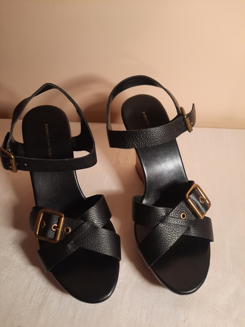 Black Leather Buckle Strap Women's Wedge Sandals